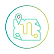 A green and yellow icon of a map with a pin with white background
